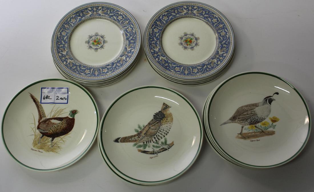 Two sets of plates: Two sets of plates including a set of 8 Myott "Medici" pattern lunch and a set of 8 sporting bird plates signed A Singer