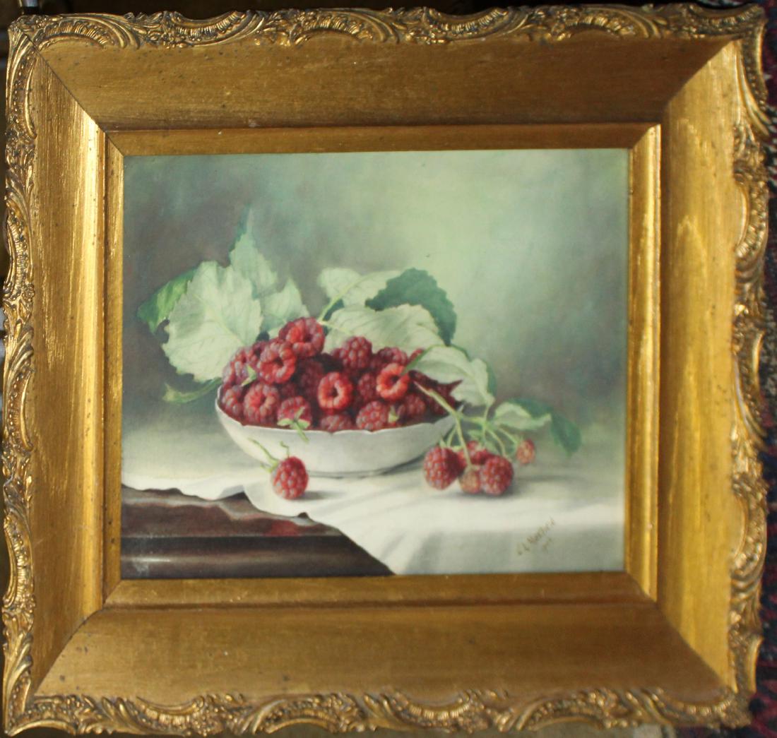 Four Framed Paintings etc: Four Framed items, Watercolor of raspberries signed EL Maxfield 9 x 12", oil on board of a tree unsigned 16 x 20", Hand Colored View of Venice10 x 13", Mary Azarian Billings farm poster