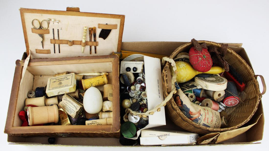 Victorian sewing lot: Victorian sewing lot including two sewing baskets, thimbles, needle cases, buttons, strawberries, etc.