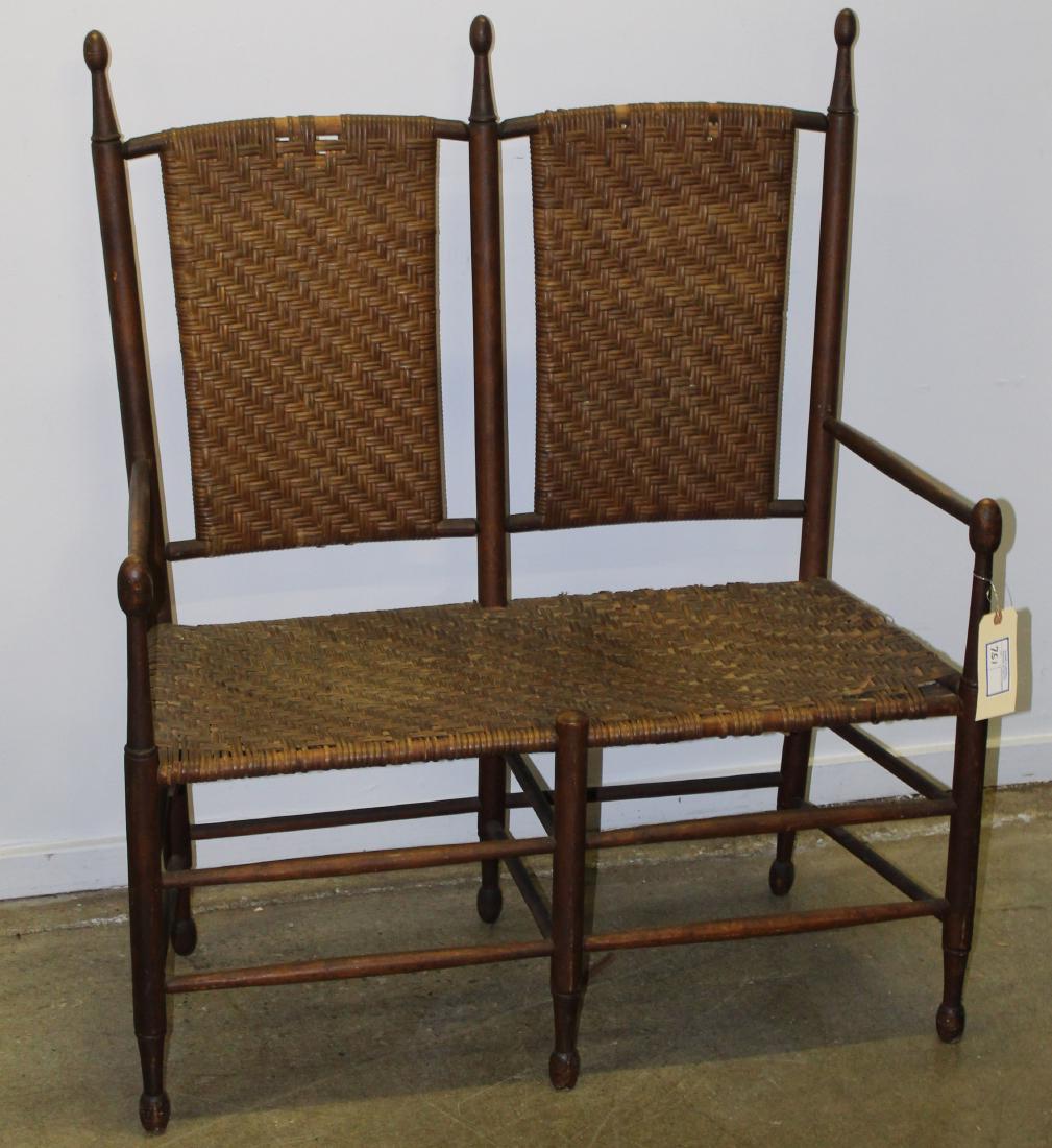 C 1900 rattan and maple settee: Delicate ca 1900 rattan and maple armed settee in original finish, minor damage. 45"h x 39"