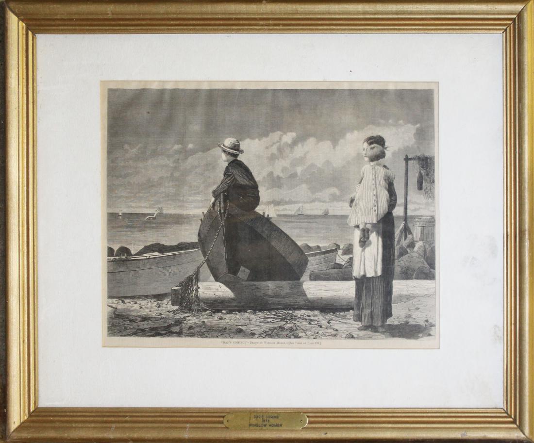 Three frame prints: A group of 3 frame prints including two 19th c newspaper prints of Winslow Homer images "Chestnutting" and "Dad's Coming!" also with a Honore Daumier engraving "Un Alibi".