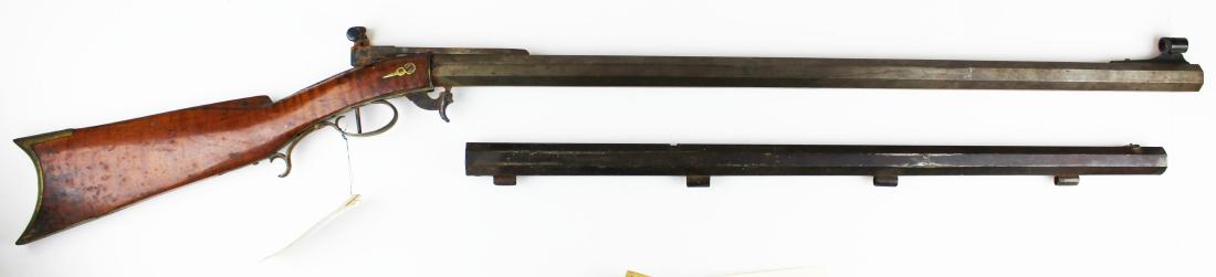D.H Hilliard Cornish NH .45 Cal Rifle: D. H. Hilliard Cornish, NH 45 cal curly maple underhammer percussion cap rifle, presently with a 45 cal 3rd quarter of 20th c target barrel and Redfield peep sights, along with the original Hilliard 4