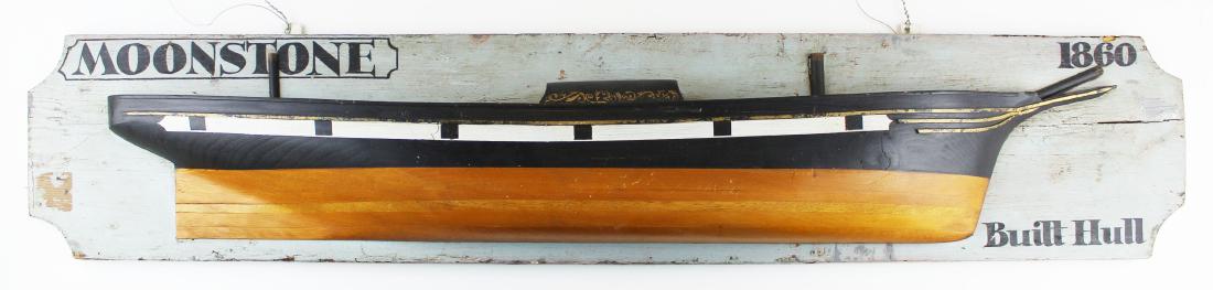 early 20th c folk art half hull ship model: early 20th c folk art half hull ship model, The Moonstone built 1860, overall length 45"