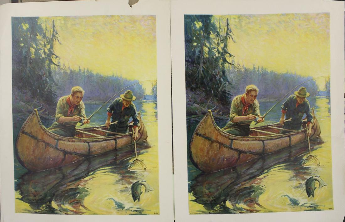 Two WHD Koerner sporting prints: William Henry Dethlef Koerner (AM 1878-1938) Forbes Lithograph MFG Co Fishing scenes circa 1900- Great vibrant colors one having minor loss top margin 19.5 x 27"