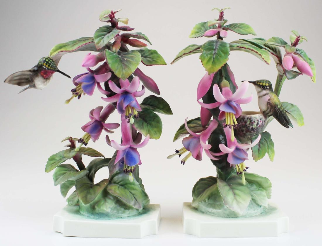 Pr. Royal Worcester Dorothy Doughty birds: Pair of ca. 1950 Royal Worcester Dorothy Doughty "Ruby Throated Humming Bird" (archiluchus colabris) artisan hand painted bone china porcelain birds on botanical sculptures #0238c, #4114c 9.5" x 6.5"