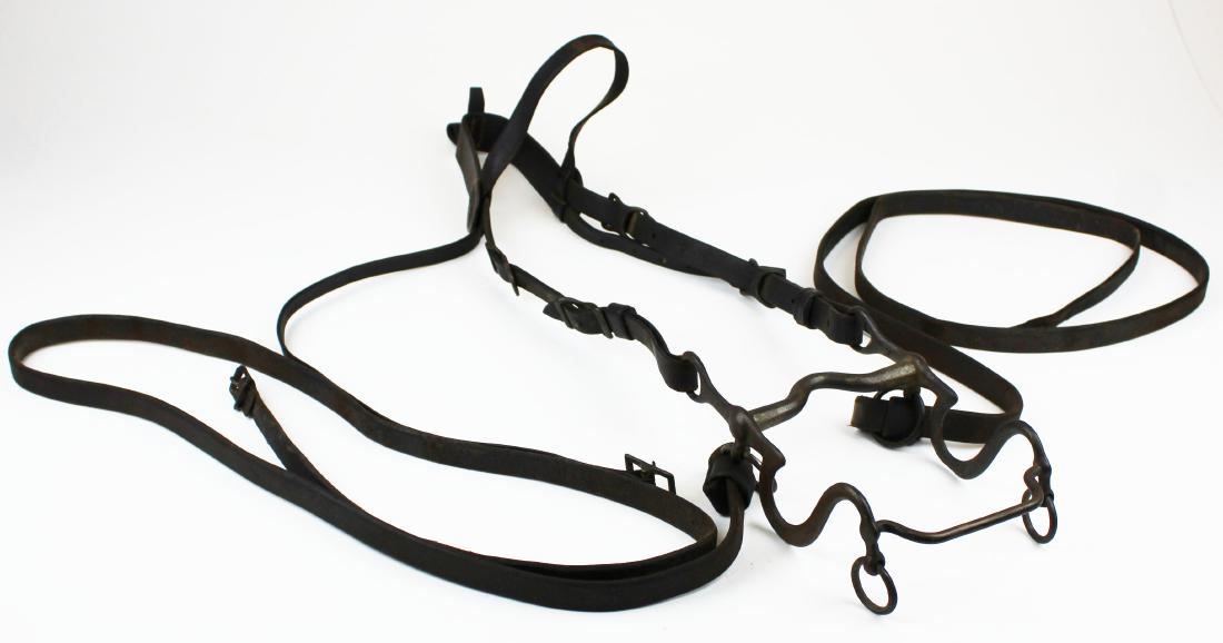 ca 1900 US Army Cavalry headstall: ca 1900 US Army Cavalry headstall (halter bridle), Army eagle copper rosettes, leather still supple, hard bit