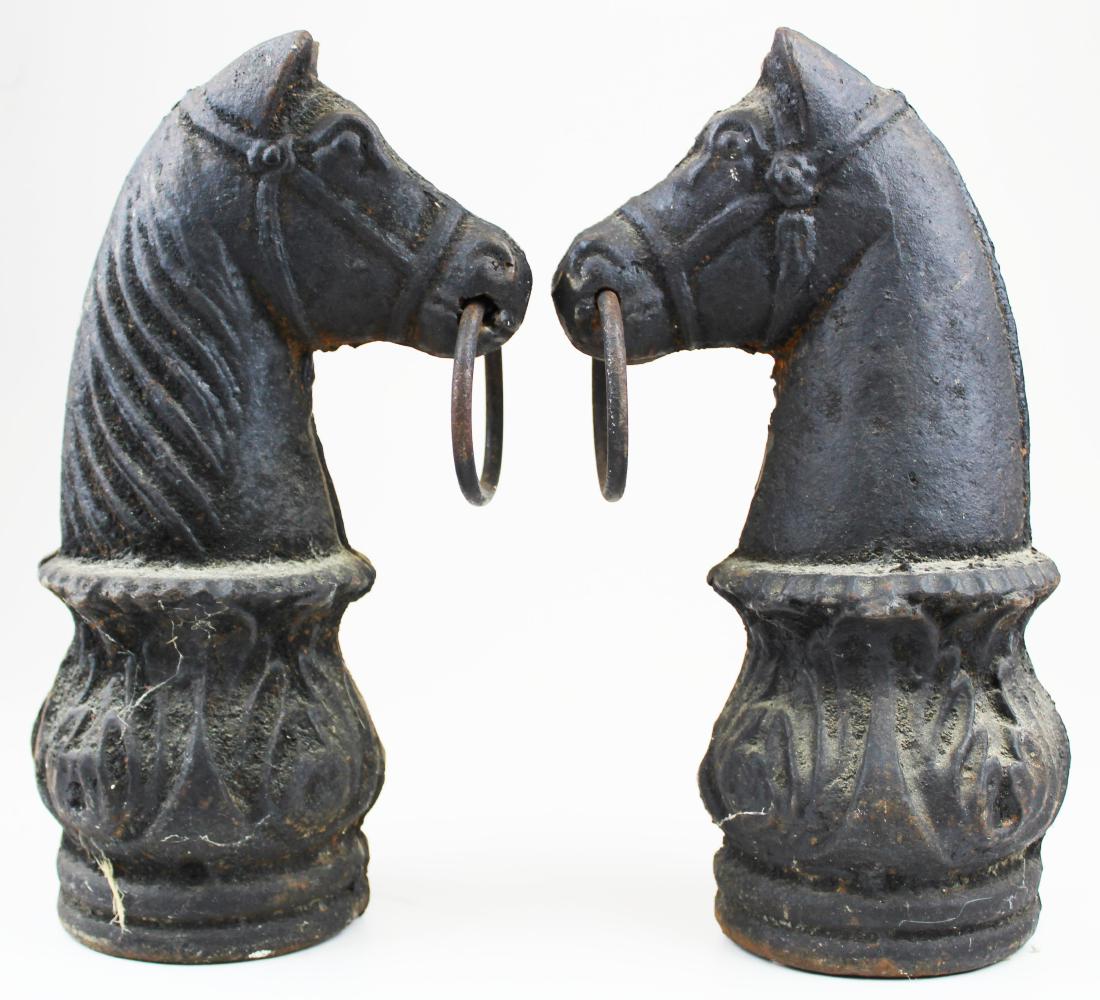 pr of cast iron horse head hitching posts: pr of cast iron horse head hitching posts, ht 12 3/4"