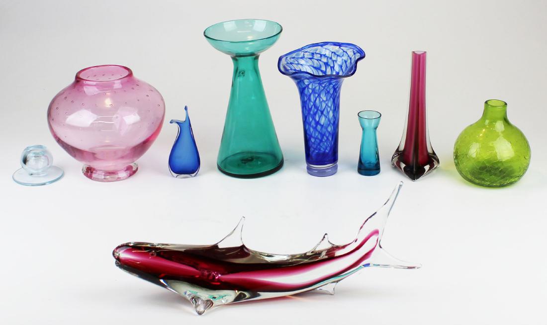 mid-century colored art glass including Blenko: group of mid-century colored art glass including labeled Blenko vase, Murano style fish figure, pink vase with seed bubbles signed "Barrett" (?), signed Nanny Still (1926-2009) Finnish vase, other Mur