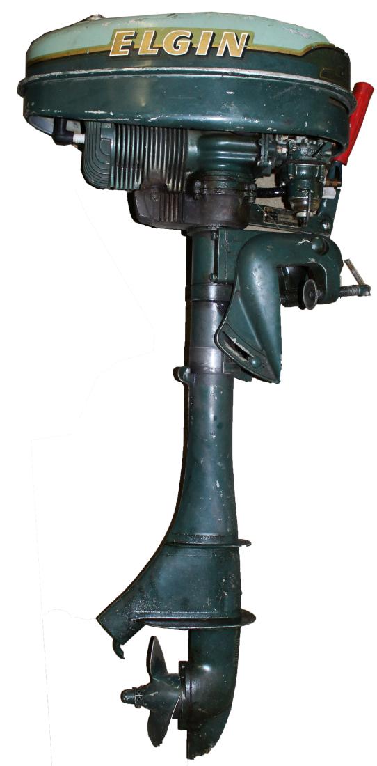 Elgin outboard motor: 1 cylinder Elgin out board motor model no. 571-58211 SW 211 5042 in very good original condition, mostly original paint