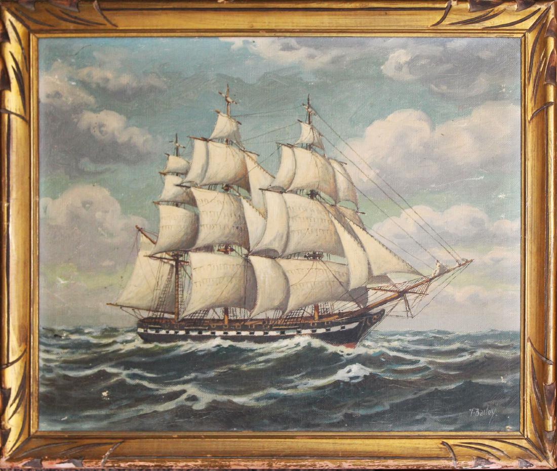 T Bailey (Am19th/20th): T Bailey (Thomas Bailey) (Massachusetts 19th/ 20th c) Clipper ship under sail oil on canvas signed lower right
