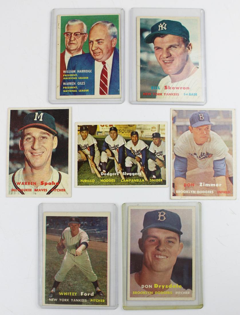A group of 7 1957 Topps baseball cards: A group of 5 1957 Topps baseball cards including Dodgers Sluggers Don Zimmer, Warren Spahn, Bill Skowron, Don Drysdale, Whitey Ford, & the National & American league President card William Harridge & 