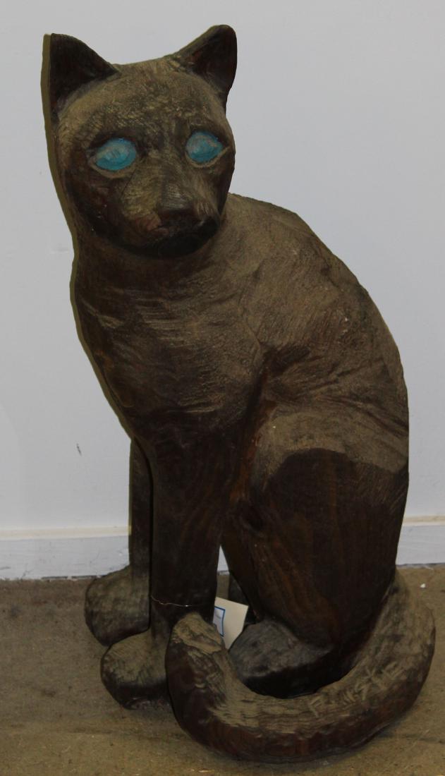 Full body folk art carved cat: 20th c carved and paint decorated folk art cat. 32" high.