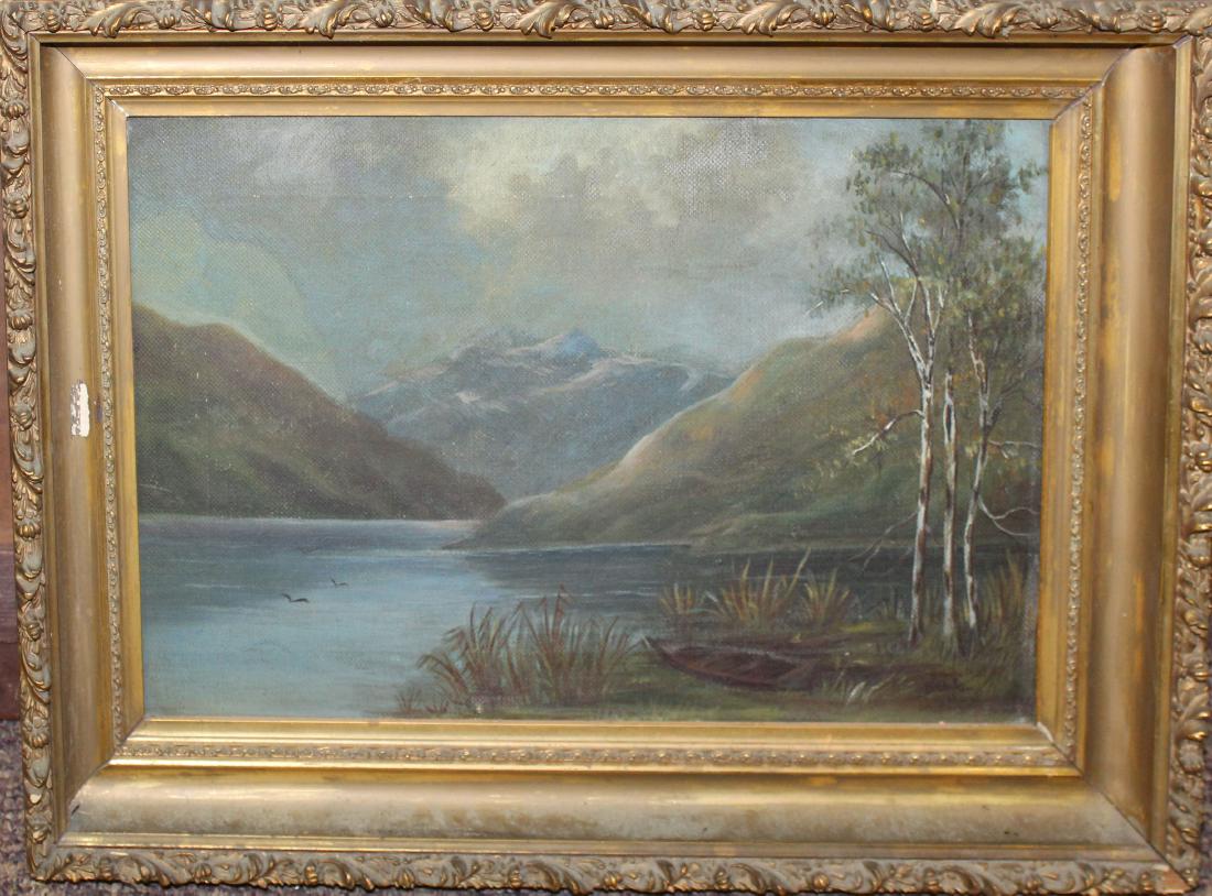 19th c Hudson river school landscape: 19th c Hudson river school landscape with lake and mountains 12 x 18"