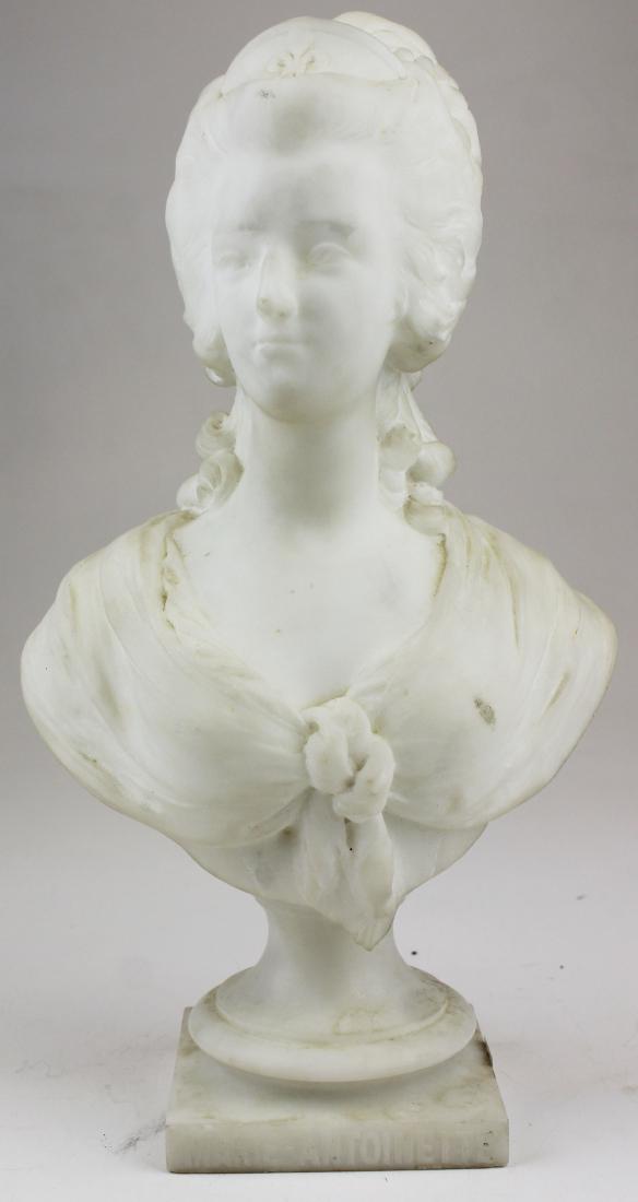 French carved bust of Marie-Antoinette: French carved bust of Marie-Antoinette, late 19th c, after Felix Lecomte (French 1737-1817), previous owner's social security number scratched into base, ht 13 1/2"