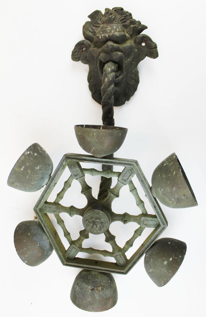 Gothic bronze door bell: Unusual 19th c Gothic revival cast bronze doorbell with spinning bells, As found with original surface, 16" long Wheel 9 inches in diameter