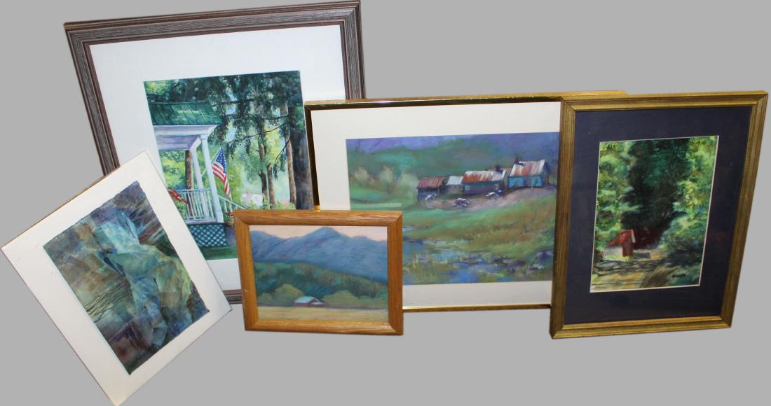 Five Contemporary VT Paintings: Carolyn Uthgart- Watercolor on Paper 11 x 8" ; Allan Hardcastle country road w/c on paper 8 x 11; Ellen Clafton -Scrag Mountain pastel on paper 8 x 10" ; J Richard Judking pastel on paper farmyard 12 