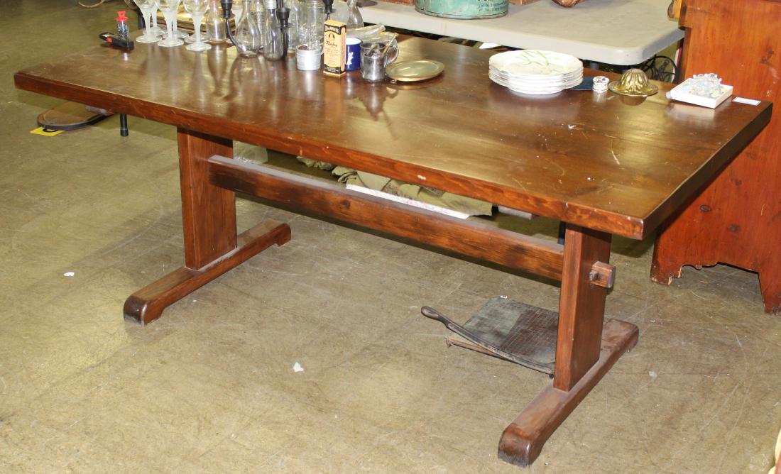 Contemporary Barnstable pine trestle farm table: Contemporary "Barnstable" design pine shoe foot trestle base farm table made from reclaimed salvaged lumber 72" x 36" x 29"