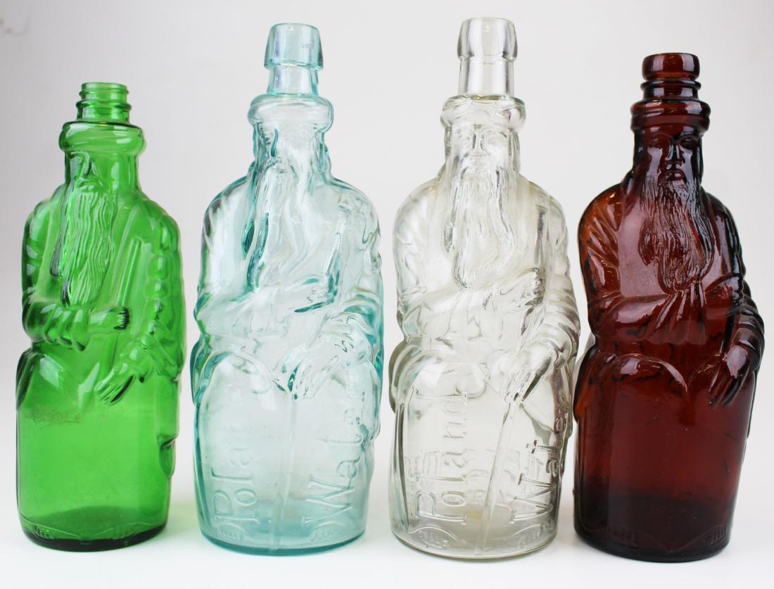 Moses Poland Spring Water bottles: Moses Poland Spring Water bottles, amber Ricker facsimile bottle (4 pcs), hts 10" to 11 1/2"