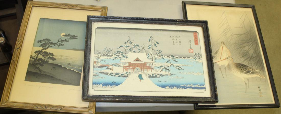 Three 20th c Ukiyo-e woodblocks: Three 20th c Ukiyo-e woodblock prints of Shorebirds, Suma Beach at moonlight; and temple in snow.
