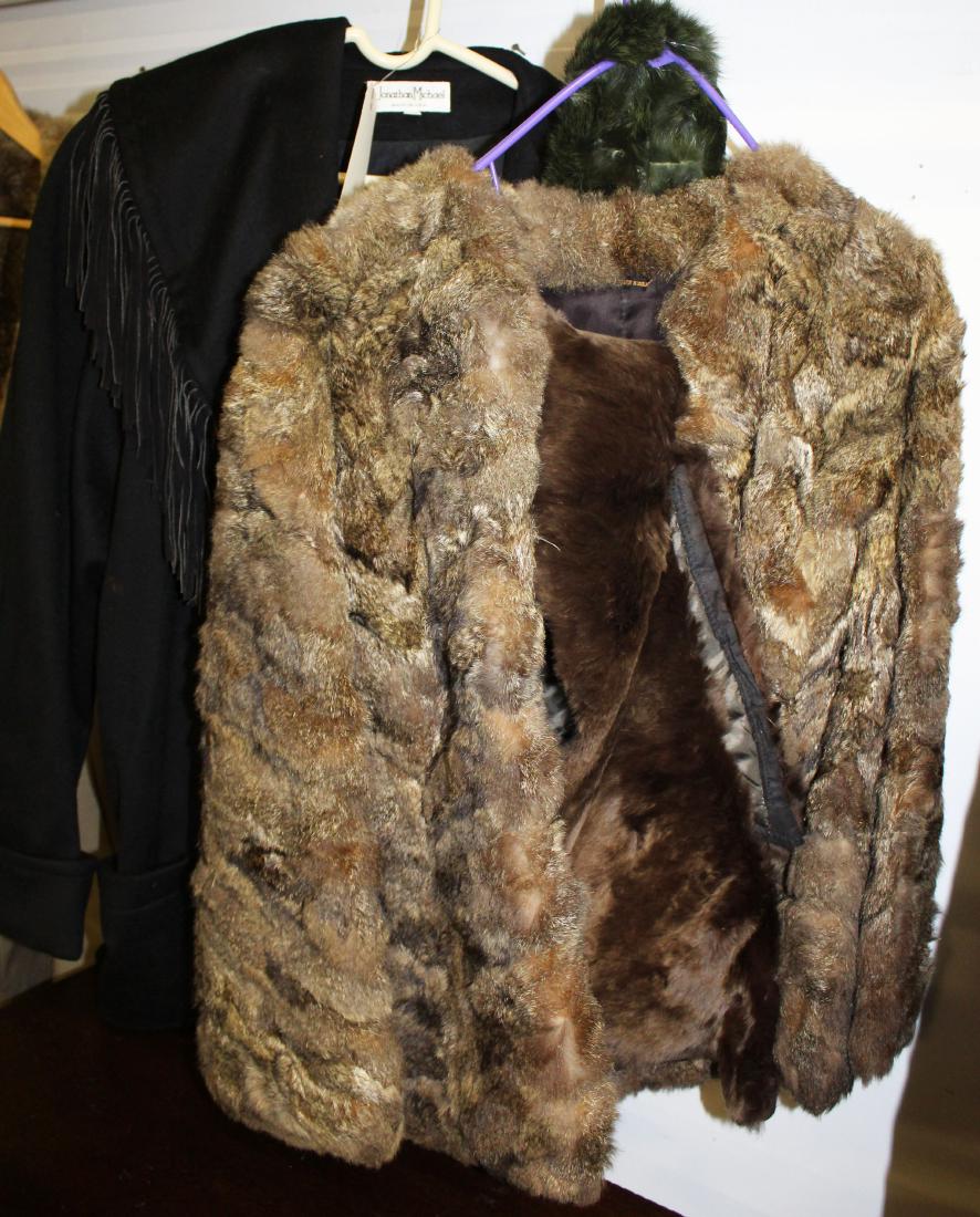 Jonathan Michael wool, Korean rabbit jackets: Jonathan Michael Western Influence long wool jacket with fringe, sold with a Korean rabbit fur jacket