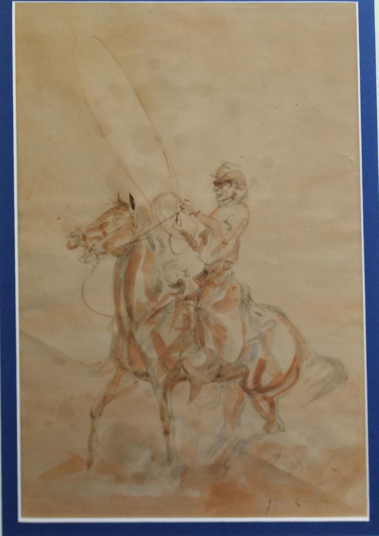 early 20th c Watercolor of a cowboy: early 20th c watercolor of a cowboy signed illegibly J Louis London /Larson? 14 x 10"