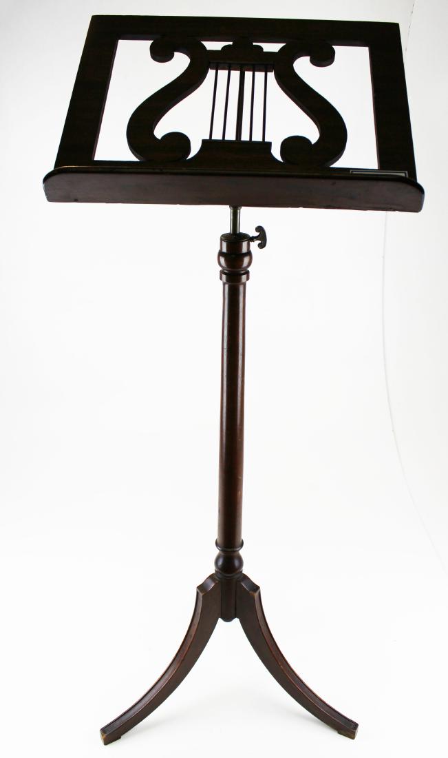 Palmer, NY mahogany regency style music stand: fine ca. 1900 Palmer, NY mahogany regency style music stand with reticulated lyre form top on adjustable splay leg pedestal base with gilt brass hardware 49" x 16"