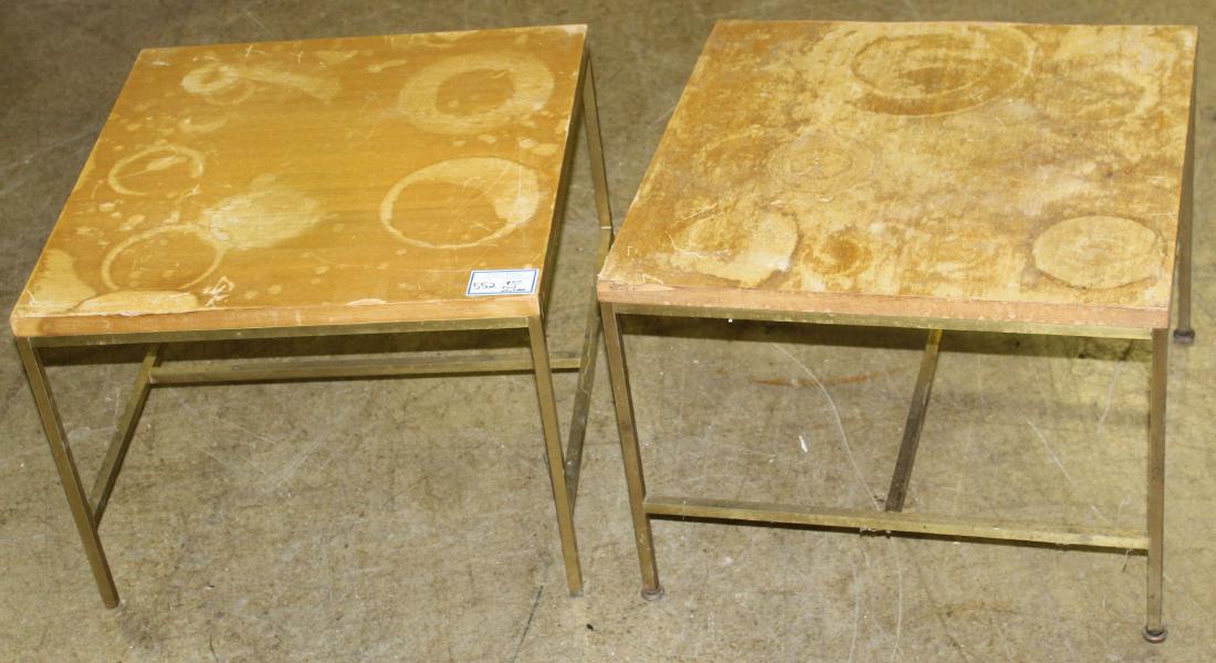 Paul McCobb for Calvin Furniture end tables: pair of 1950's high style mid century modern labeled Paul McCobb designed for "The Irwin Collection" Calvin Furniture Grand Rapids brushed brass and mahogany veneered end tables -tops with damage in n