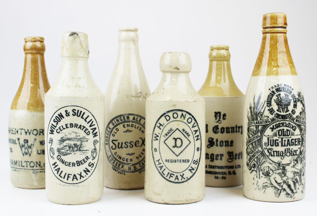 Canadian Ginger Beer, Mineral Water bottles: Canadian stoneware Ginger beer, Mineral Water bottles, sold with a Moerlein's Old Jug Lager-Cincinnati, Ohio (6 pcs), Hamilton, Ontario, Halifax, Nova Scotia, Sussex, New Brunswick, Vancouver, British