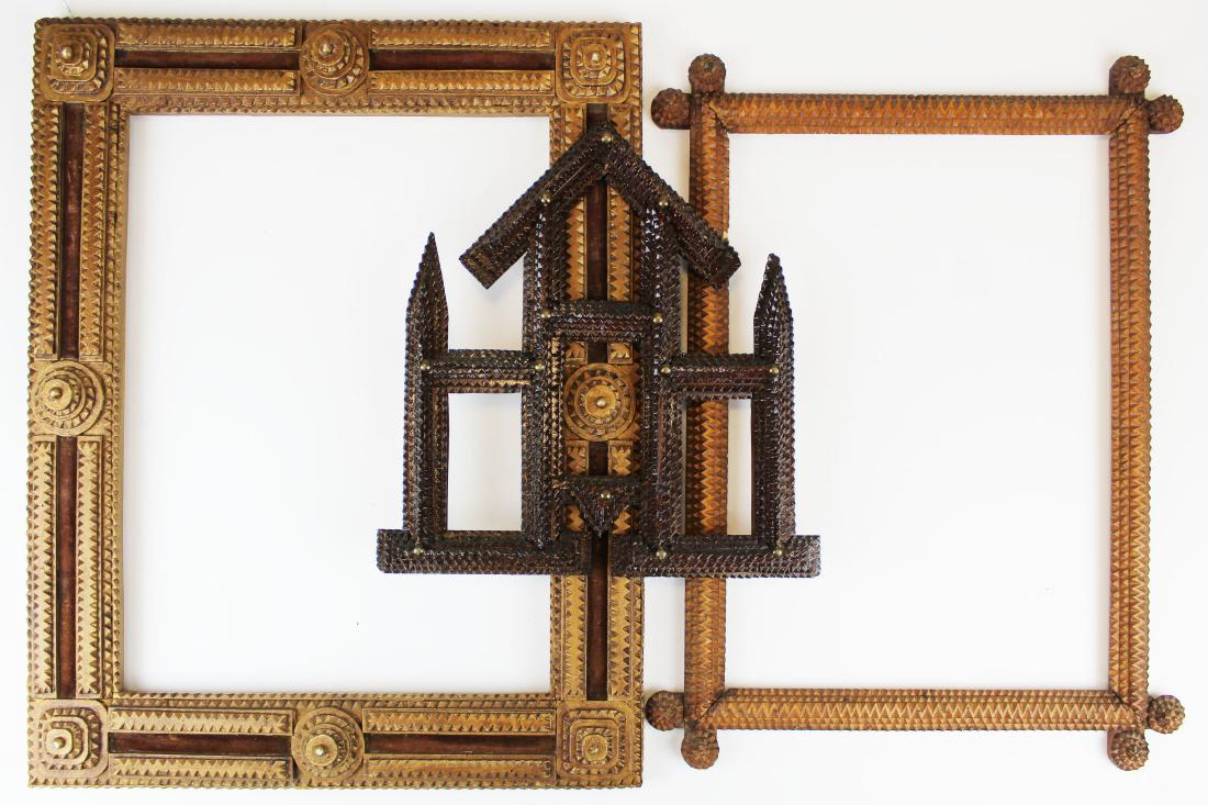 Three chip carved tramp art frames: Three chip carved tramp art frames- One multi frame for CDVs or Tintypes with openings of 3x4.5" 12 x 12" outside; 14 x 17" interior view 22 x 17 outside; 16 x 12" 20 x 16" outside dimensions.