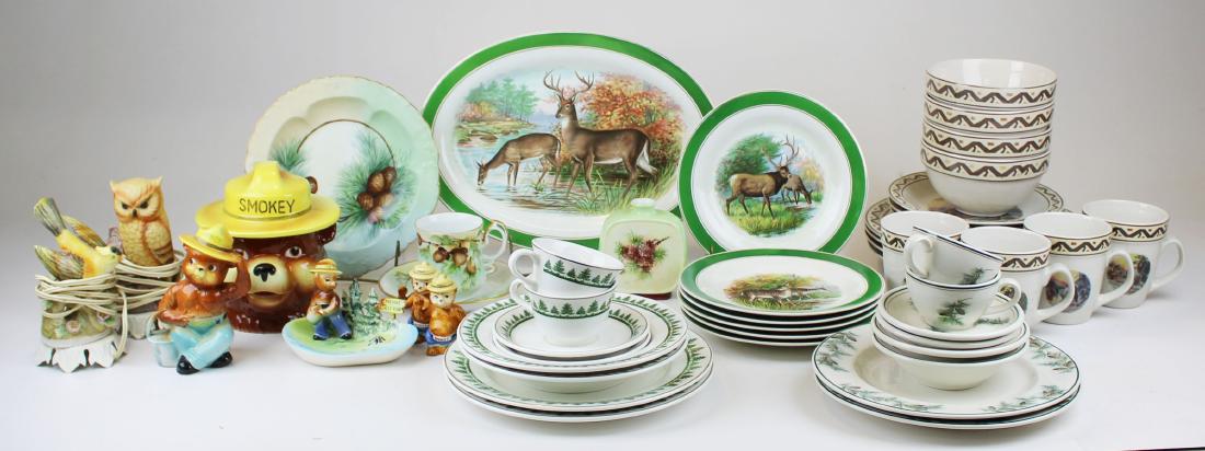 large lot of Adirondack camp style dinnerware: large lot of Adirondack camp style dinnerware including service for 2 reproduction Syracuse China Camp Sagamore china, Smokey the Bear cookie jar and salt and pepper shakers, Buffalo Pottery platter a
