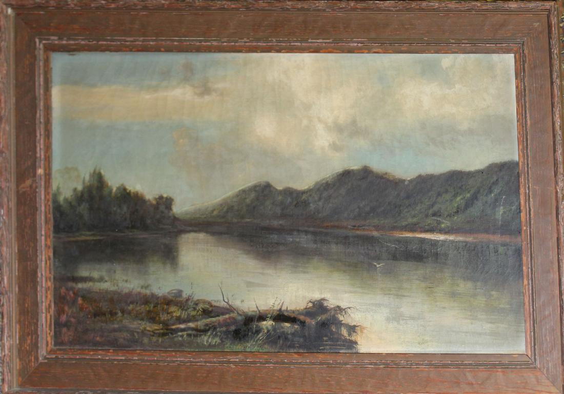 Hudson River school landscape: 19th c Hudson river school landscape titled faintly in pencil on stretcher "The Delaware after a shower 1877" 12 x 18" oil on canvas