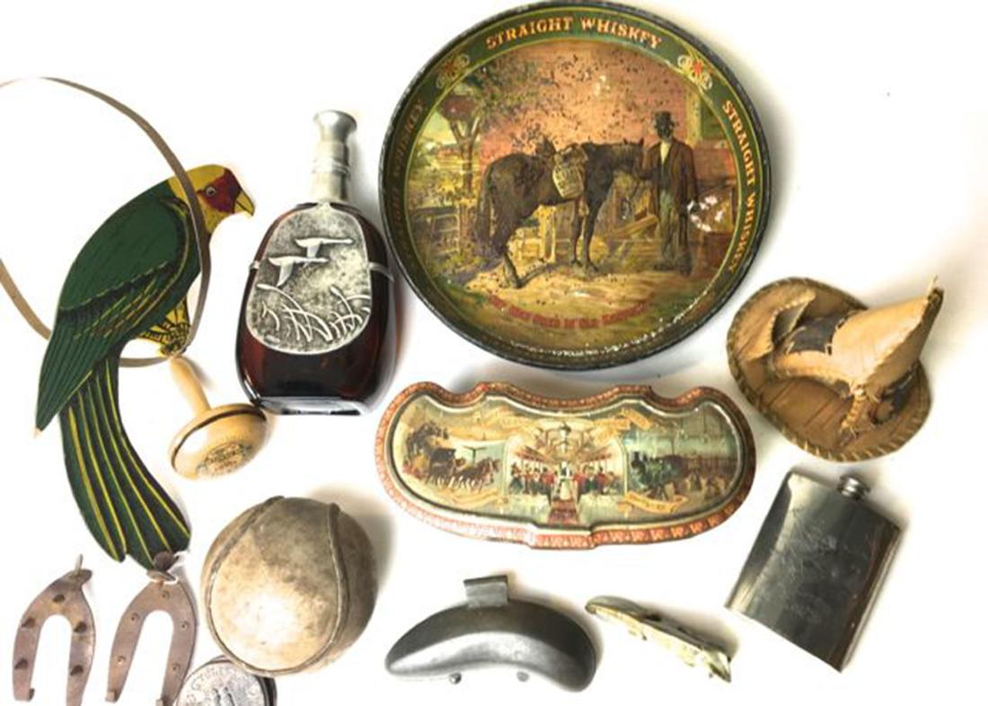Advertising & sporting accessories: A lot of advertising and sporting accessories including an amber decanter with pewter overlay having goose flying scene, Sheffield pocket flask with engraved golfer, Official NY ground ball 19thc, Dar