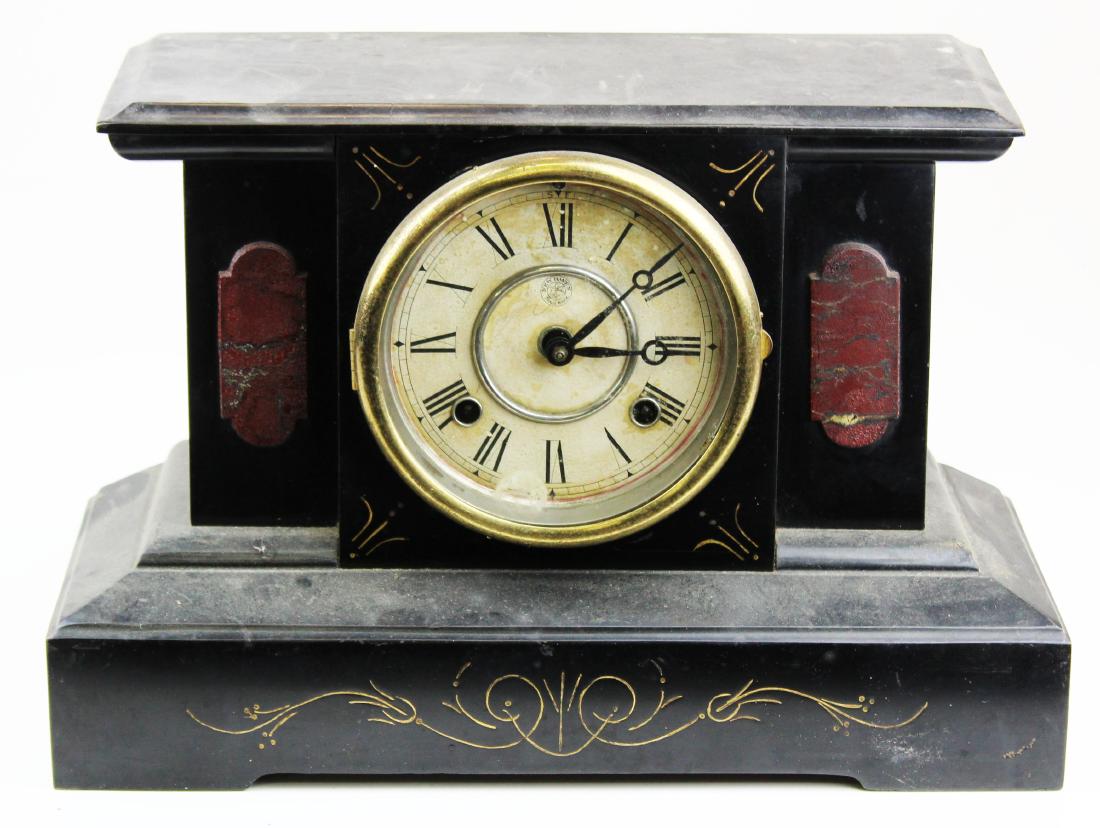 New Haven painted iron case mantel clock: Victorian New Haven Clock Co. painted simulated stone iron case mantel clock with roman numeral face 10.5" x 15" x 6.5"