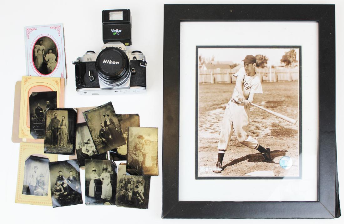 Ted Williams photo, Nikon camera, tin types: lot including Major League Baseball authorized reproduction Ted Williams framed photo, Nikon camera, and group of late 19th c. tin type photographs