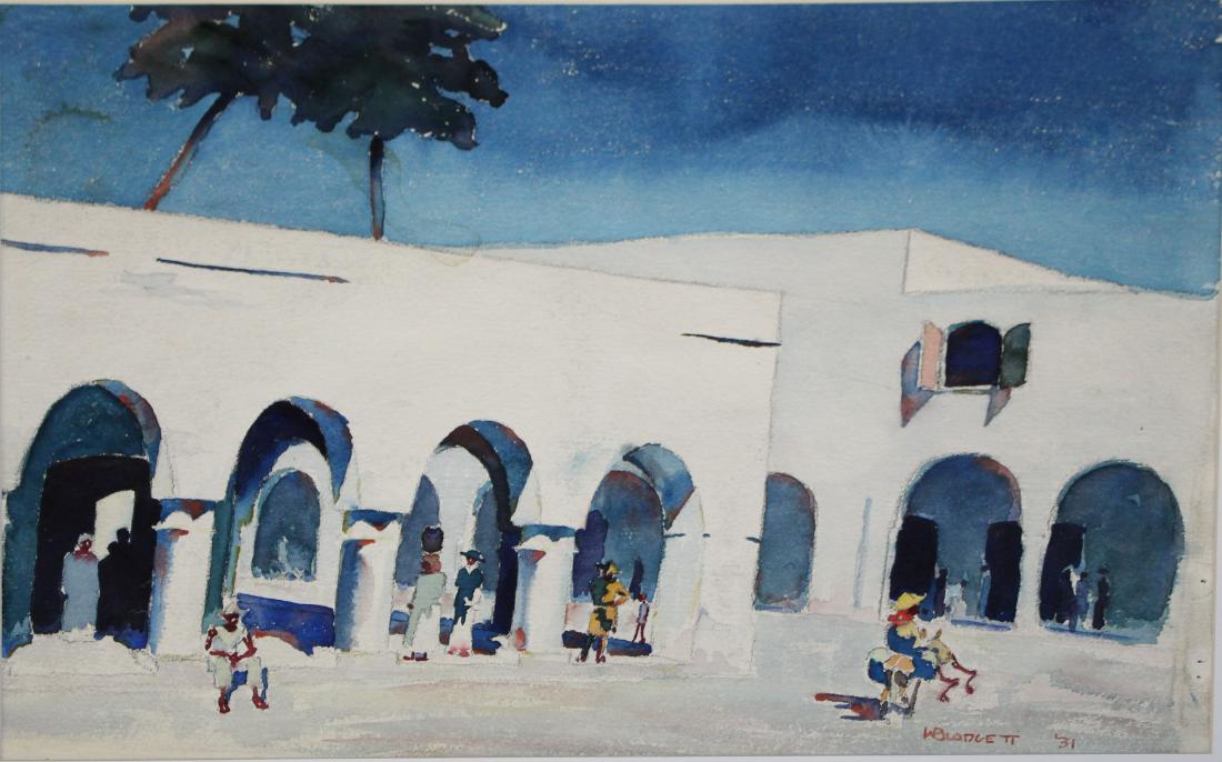 Walton Blodgett (VT 1908-1963) White Columns: Walton Blodgett (Vermont 1908-1963) White Columns (North Africa) watercolor on paper one side signed lower right dated 1931- Unframed, two sided watercolor, 3" tear in bottom (or top) corner under mat