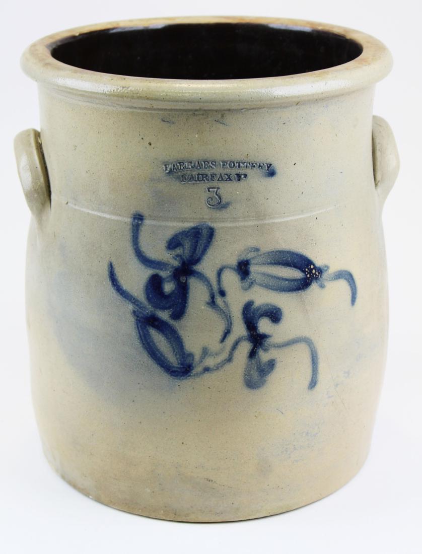 Farrars Pottery, Fairfax, VT ovoid crock: rare early 19th c Farrar's Pottery, Fairfax, VT 3 gallon blue decorated ovoid crock, check in body, chip, glaze flakes around base, ht 11 1/2"