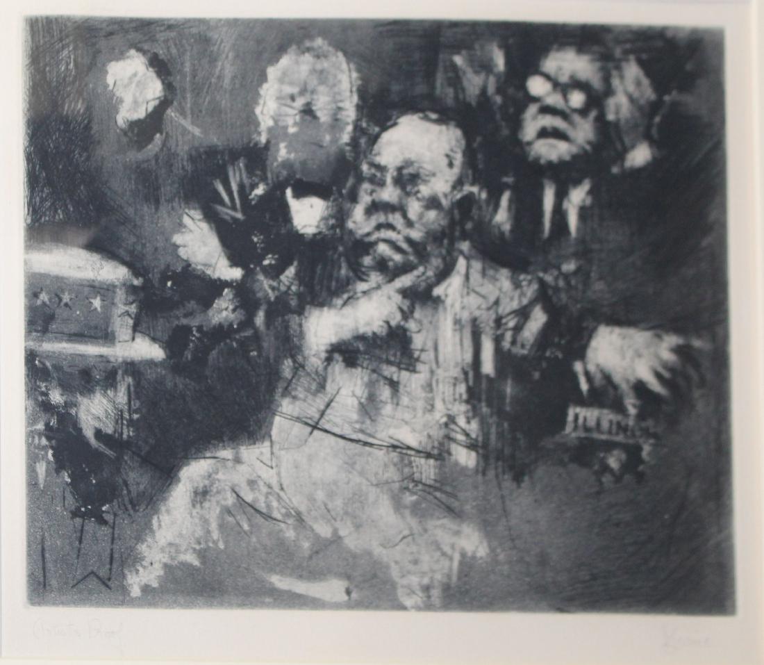 Jack Levine (AM 1915-2010) Daley's Gesture: Jack Levine (American 1915-2010) Daley's Gesture- Aquatint and Drypoint on paper, Artist proof signed lower Right 9 x 12"
