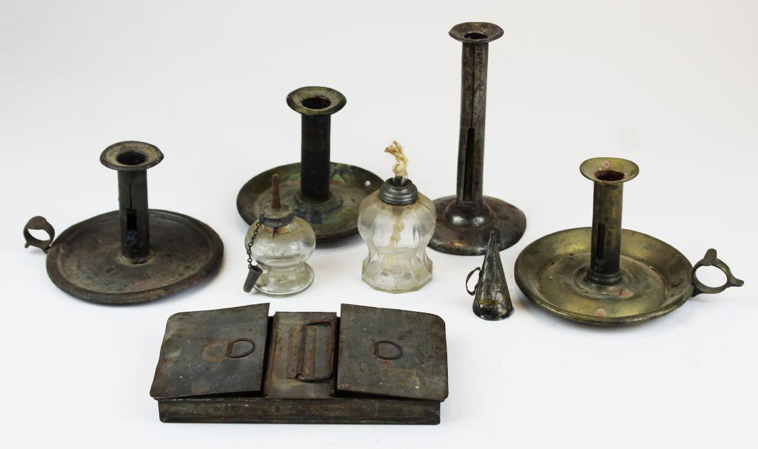 early lighting, lamps, tinderbox: early tin tinderbox, signed iron hog scraper candlestick, brass & tin chamber sticks, sparking lamps (6 pcs), hts 4" to 7"