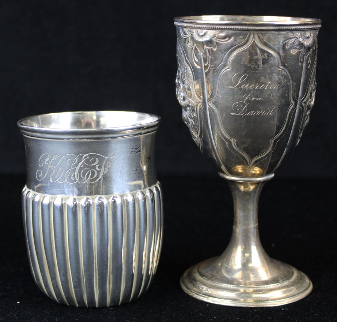 Whiting sterling mug and fine Victorian goblet: Whiting sterling silver ribbed presentation mug and fine unmarked silver Victorian Gothic floral repousse goblet with inscription "Lucretia from David" 3.5" x 4", 5.75" x 3" approximately 7.6 troy oz 