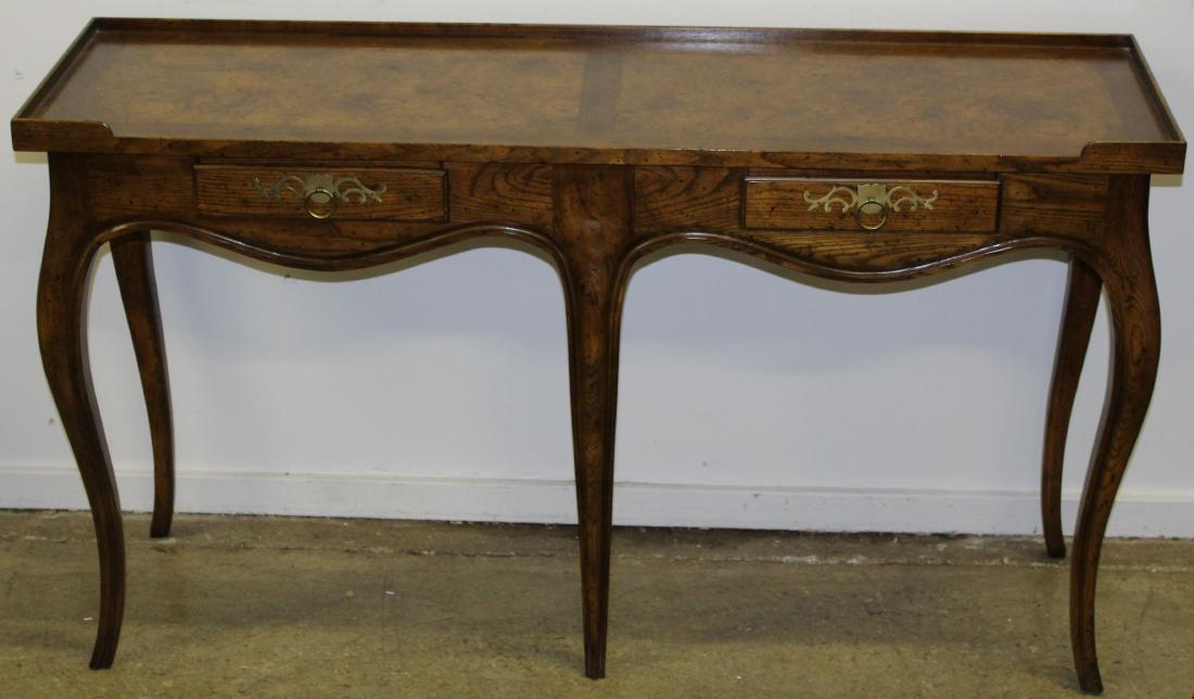 Milling Road by Baker oak hall or sofa table: late 20th c. Milling Road Furniture by Baker Furniture Co. French style oak hall or sofa table with burl inlaid tray top over two drawers on delicate cabriole legs 30" x 54" x 16"