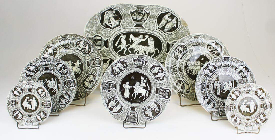 41 pcs. Spode Greek Brown transferware porcelain: 41 pcs. 19th c. Spode Greek Brown transferware decorated porcelain dinnerware with bold Classical motifs, including 22 dinner plates, 6 luncheon plates, 3 side plates, 7 soup bowls, large platter, 2 s