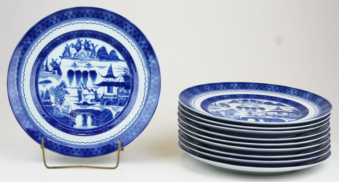 10 Mottahedeh Blue Canton porcelain dinner plates: 10 Mottahedeh "Blue Canton" Historic Charleston reproduction porcelain dinner plates by Porcel Portugal 10.75" dia.