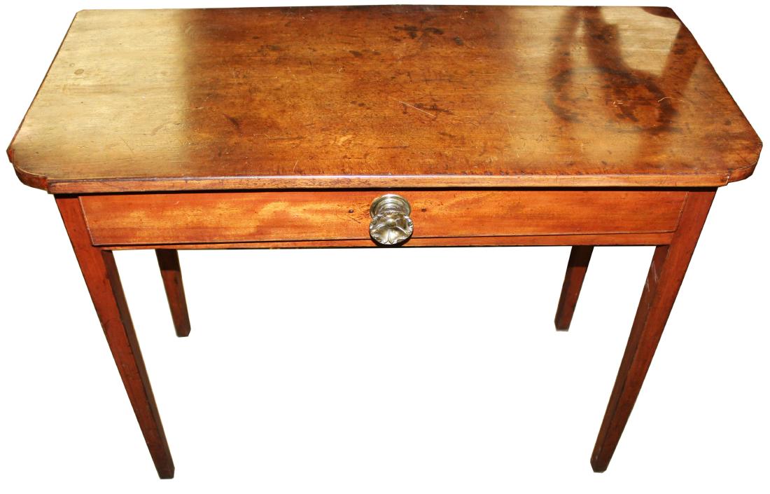 Hepplewhite birch one drawer console table: 19th Hepplewhite birch one drawer swing leg console or game table with shaped corner top, replacement pressed brass pull -refinished, missing lift top