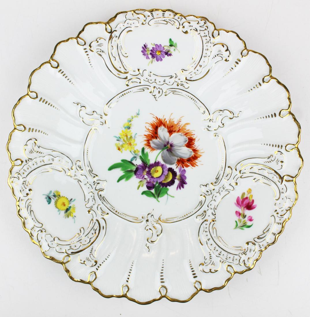 late 19th c. Meissen porcelain cabinet plate: late 19th c. Meissen porcelain cabinet plate with hand painted floral sprays in gilt rococo style cartouches, cobalt crossed sword underglaze mark 9.25" dia.