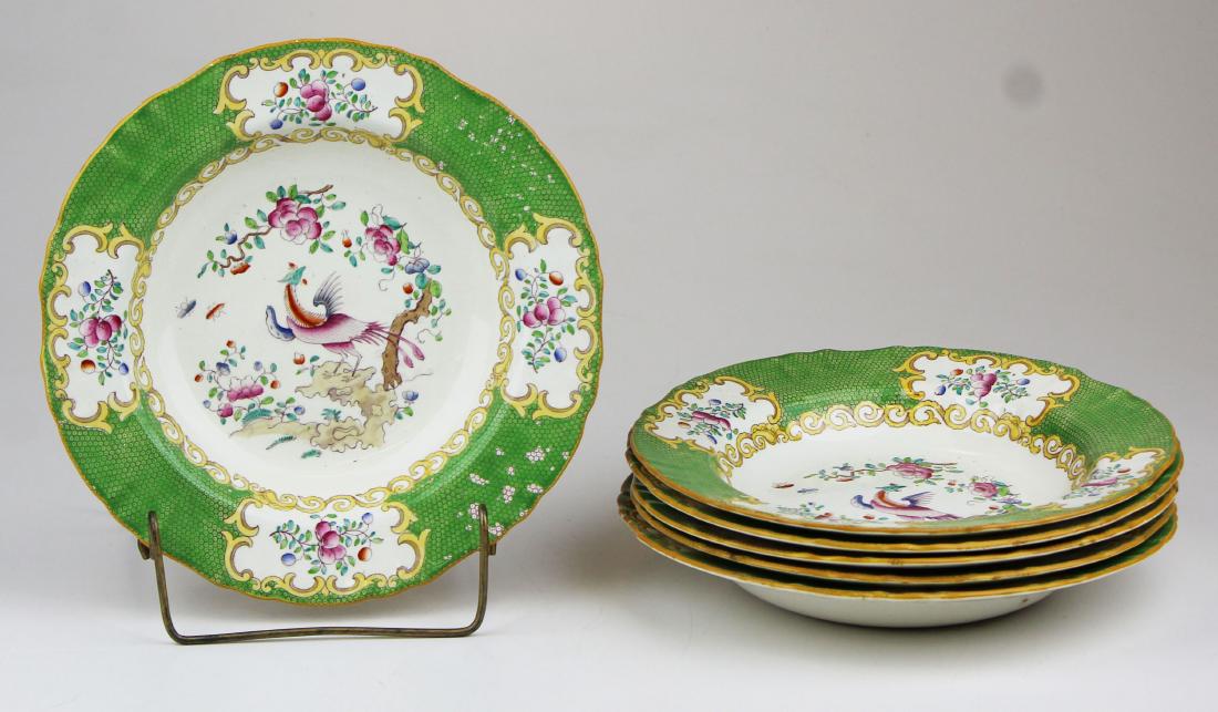6 Minton Green Cockatrice porcelain soup bowls: 6 early 20th c. Minton Green Cockatrice porcelain soup bowls 9.25" dia. -some flaking to green enamel border