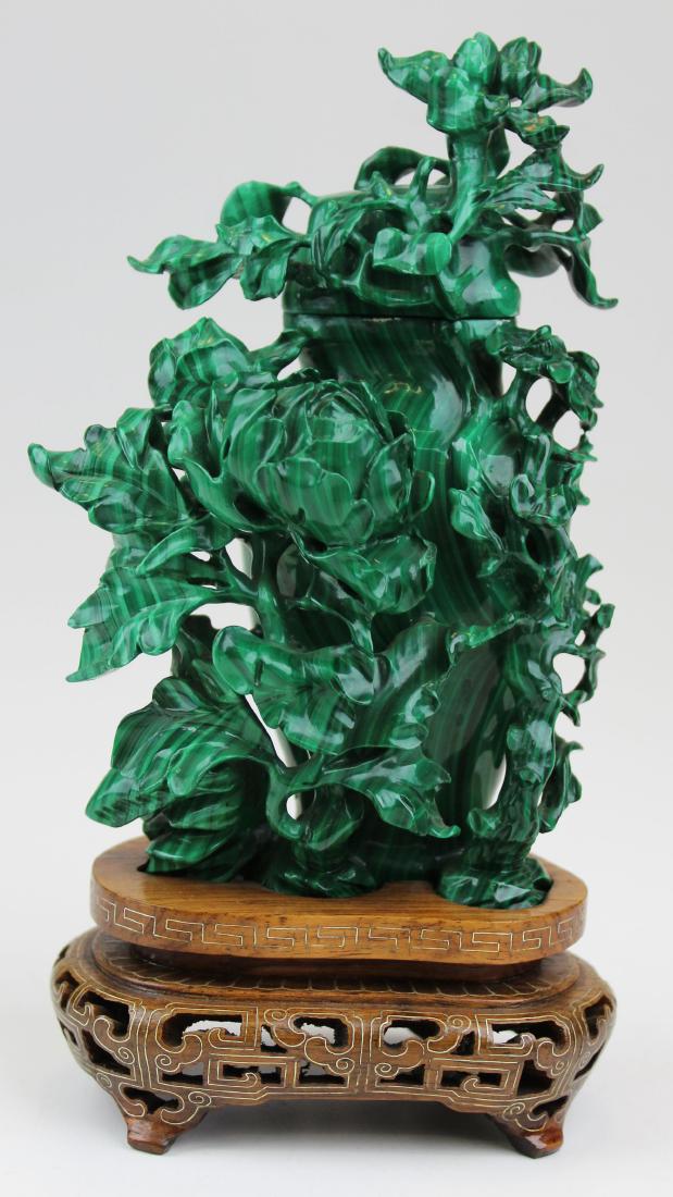 Chinese malachite figural group with vase & lid: 20th c Chinese carved malachite figural group with vase & lid, flowers, ht 6 1/2", overall ht on base 8"