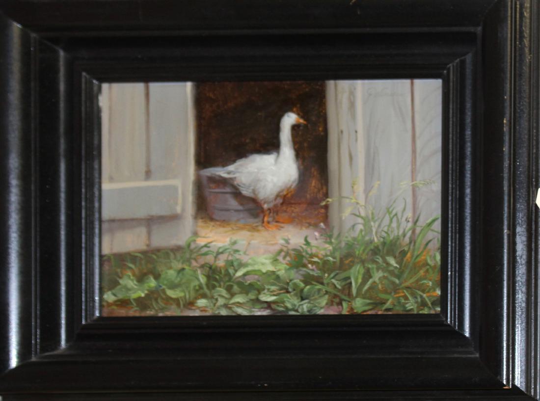 G Winslow (AM 20th c) Goose in a Doorway: G Winslow (American 20th c) Goose in the Doorway oil on panel signed upper right and reverse 9 x 12"