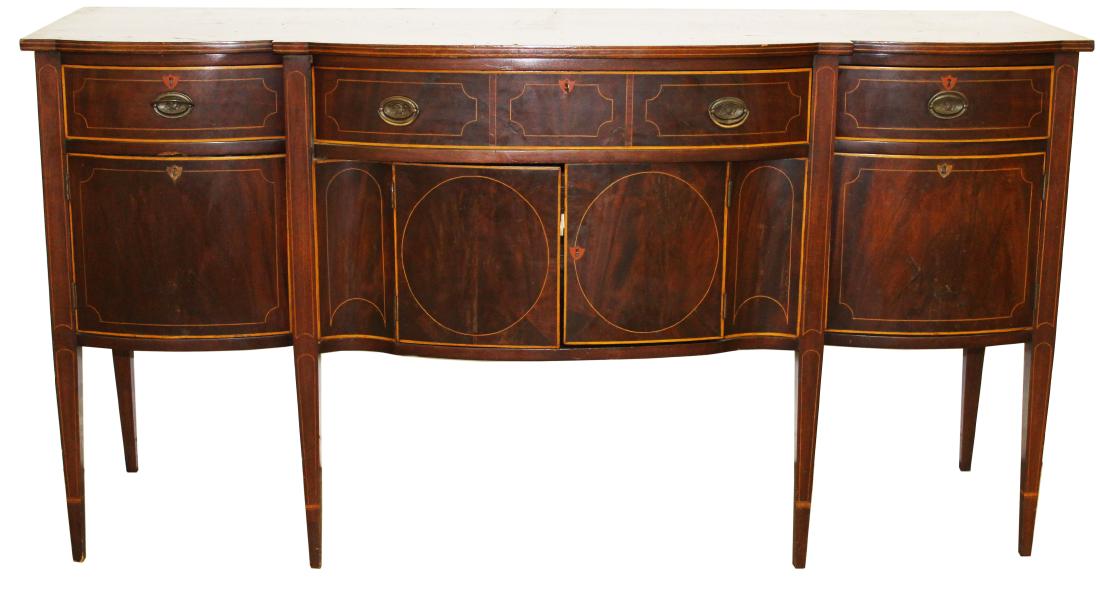 fine custom inlaid Hepplewhite style sideboard: fine early 20th c. custom Hepplewhite style bow front sideboard with string inlaid taper legs, shield escutcheons, and oval brasses, 3 drawers over cupboard sections 38.5" x 73.5"x 25"