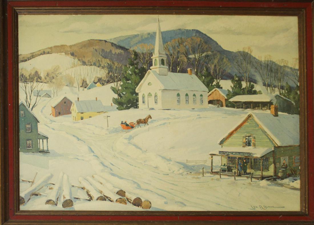 Five watercolors and a print: Five watercolors and a print- 19th c forest scene signed LEW; Dick Barnard watercolor scene; Ruth Coburn Bottomley Fishing wharf Scene; Maria E Riley Barns; John Riley barns; Leo B Blake winter scene