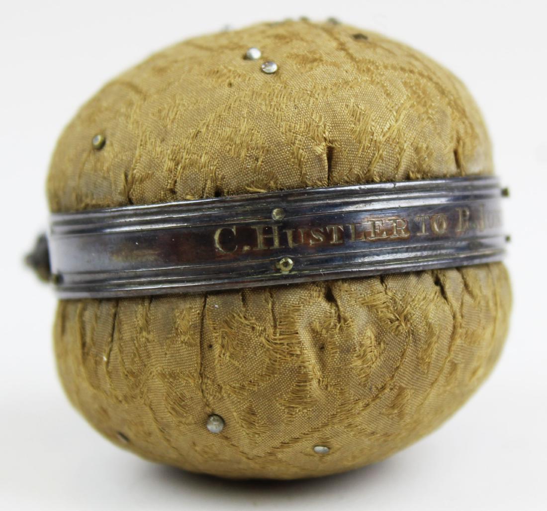 1786 presentation pincushion with silver band: presentation pin cushion with silver band engraved C. Hustler to R. Jones 1786